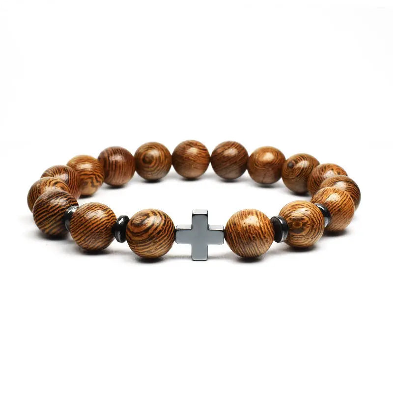 Single-row Stone Bead Stretchable Cross Bracelet
