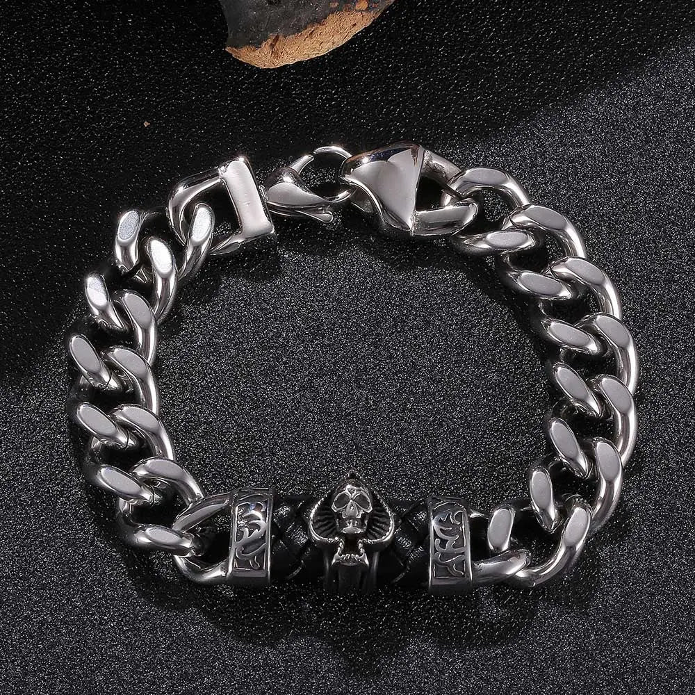 Skull Spade Cuban Link Stainless Steel Bracelet