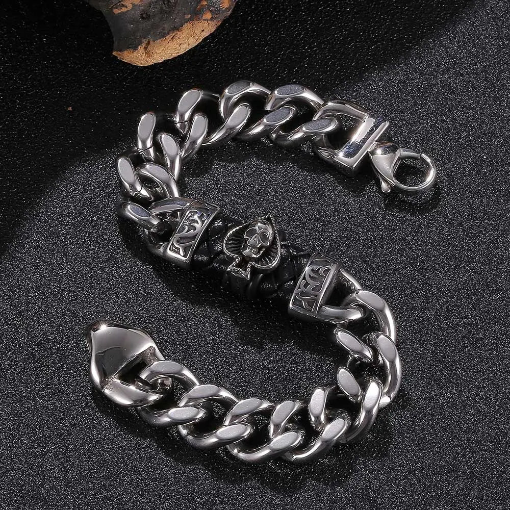 Skull Spade Cuban Link Stainless Steel Bracelet