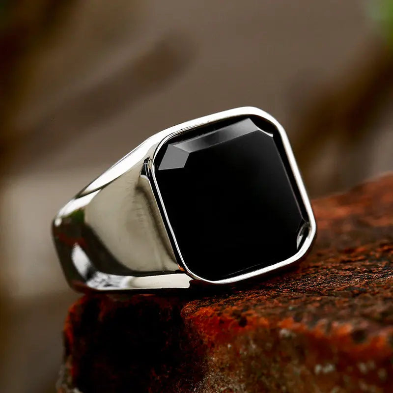 Square Obsidian Stainless Steel Ring