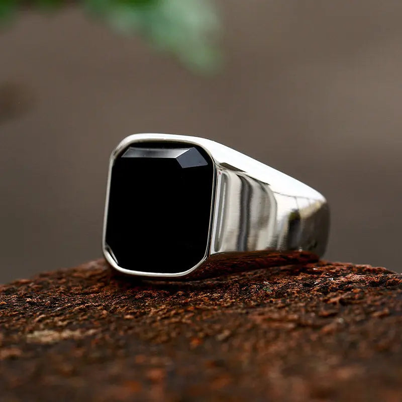 Square Obsidian Stainless Steel Ring