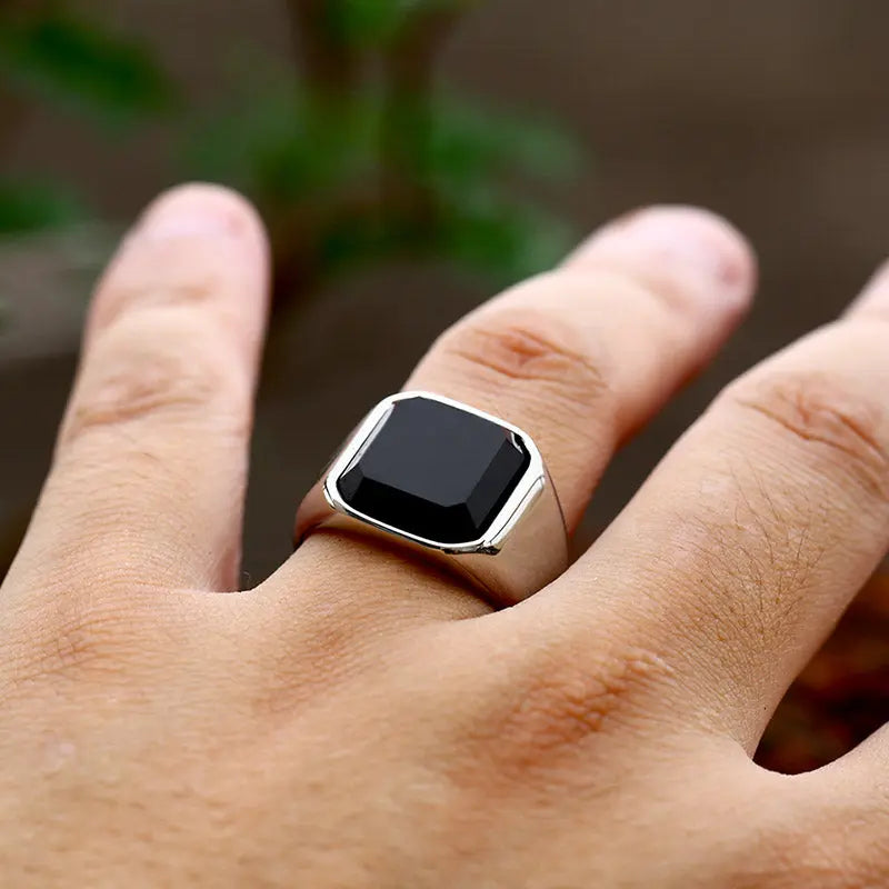 Square Obsidian Stainless Steel Ring