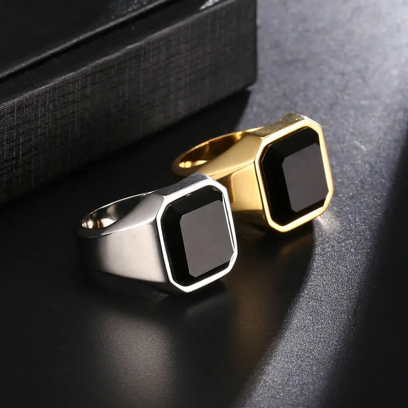 Square Obsidian Stainless Steel Ring
