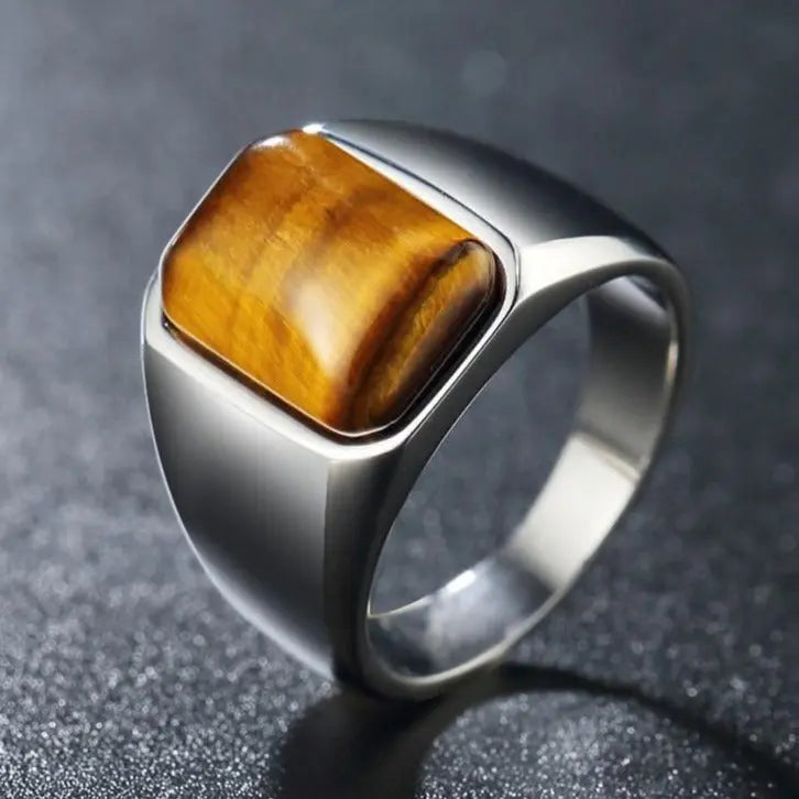 Square Tiger-Eye Stainless Steel Ring