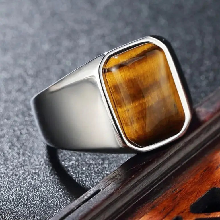 Square Tiger-Eye Stainless Steel Ring