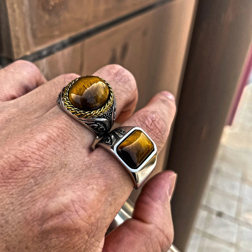 Square Tiger-Eye Stainless Steel Ring