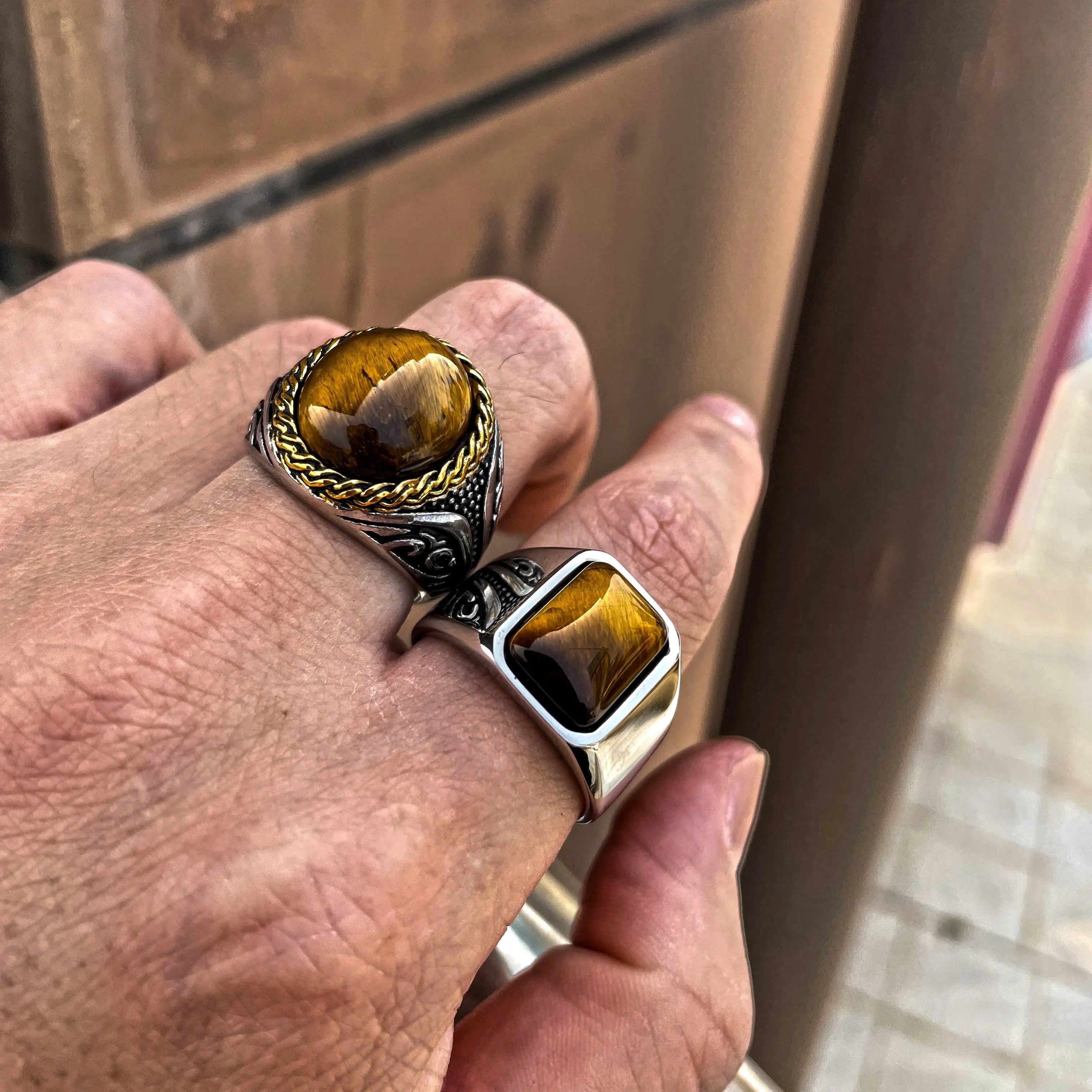 Square Tiger-Eye Stainless Steel Ring