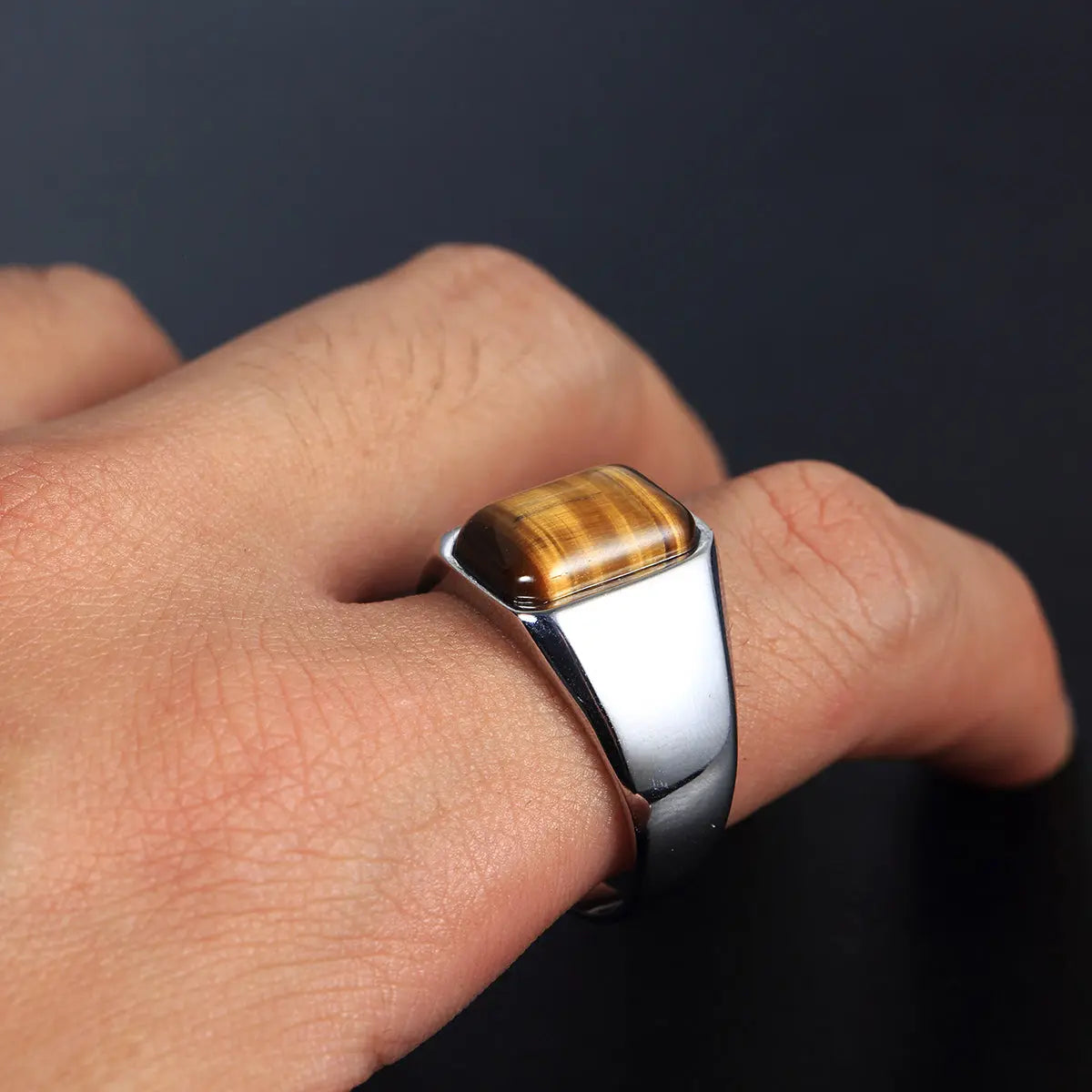 Square Tiger-Eye Stainless Steel Ring