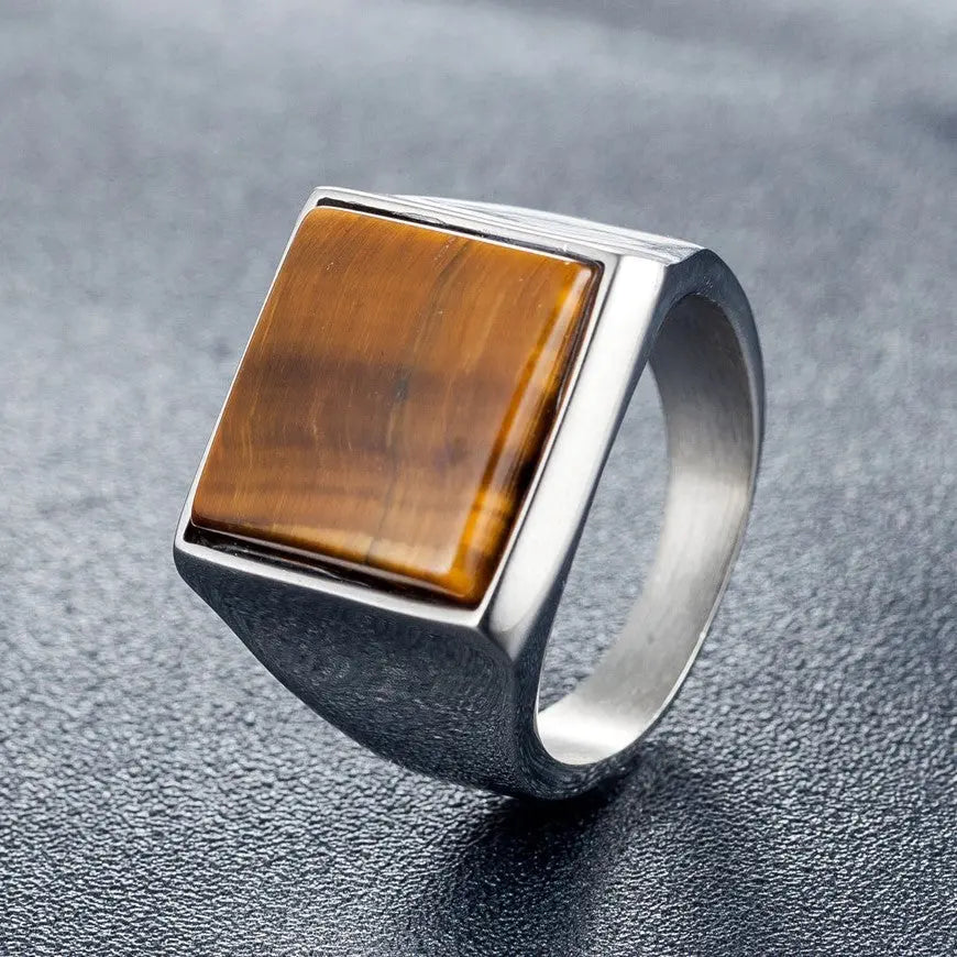 Square Tiger's Eye Stainless Steel Ring