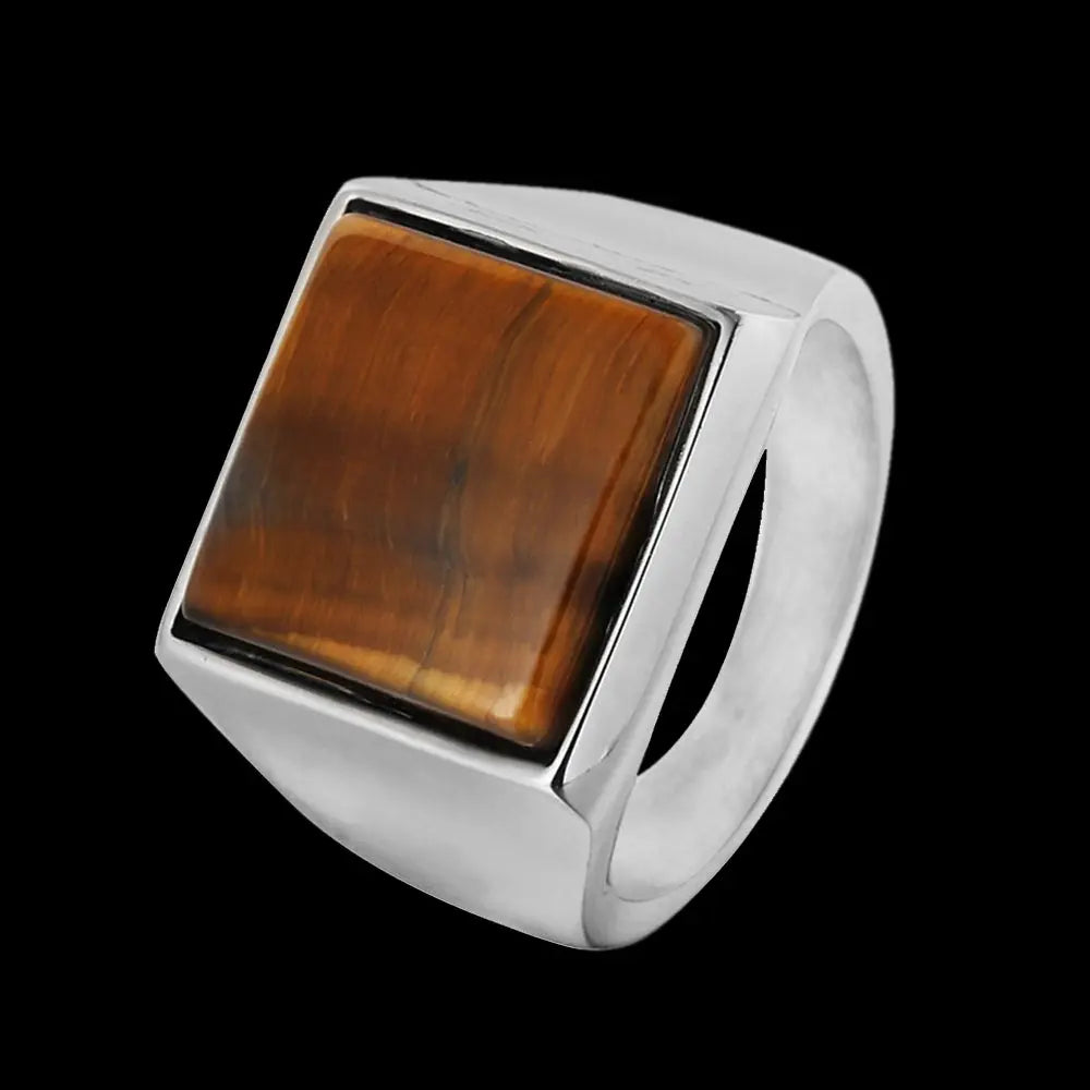 Square Tiger's Eye Stainless Steel Ring