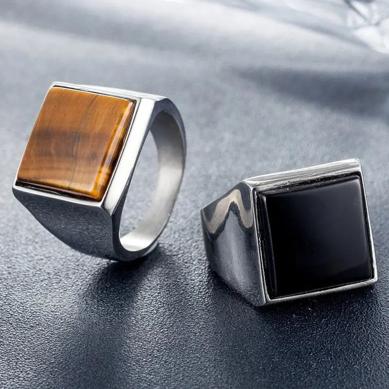 Square Tiger's Eye Stainless Steel Ring