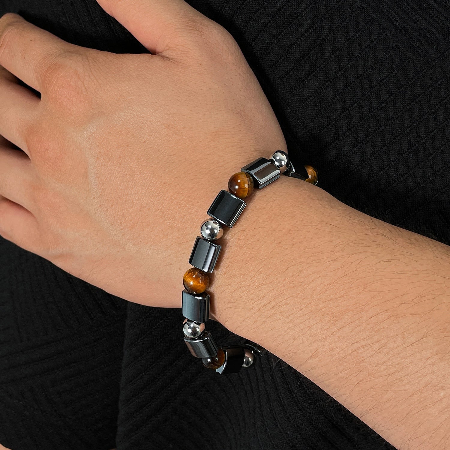 Stainless Steel Bead Hematite, Tiger Eye & Map Stone Bracelet