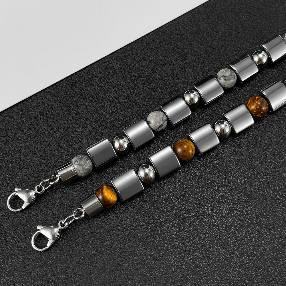 Stainless Steel Bead Hematite, Tiger Eye & Map Stone Bracelet