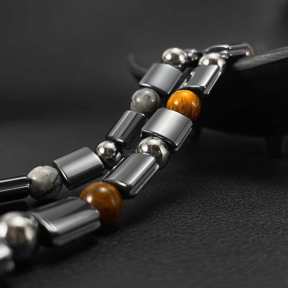 Stainless Steel Bead Hematite, Tiger Eye & Map Stone Bracelet