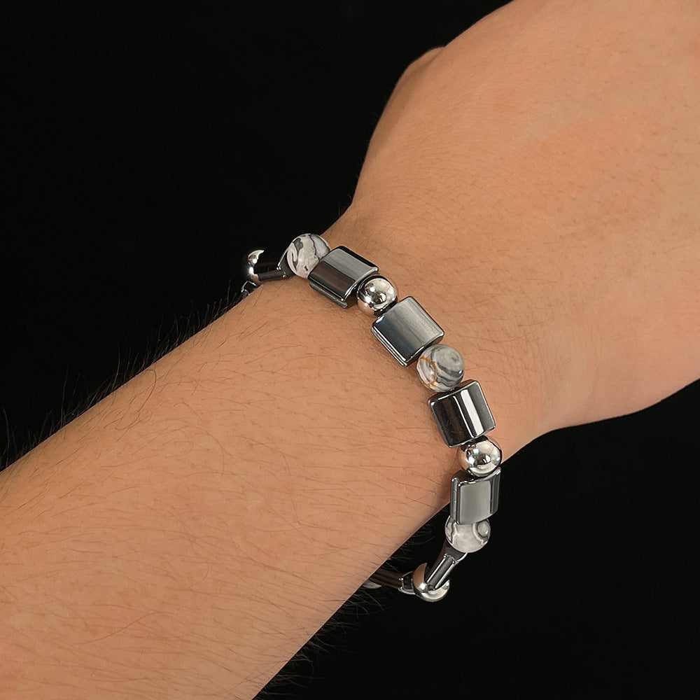 Stainless Steel Bead Hematite, Tiger Eye & Map Stone Bracelet