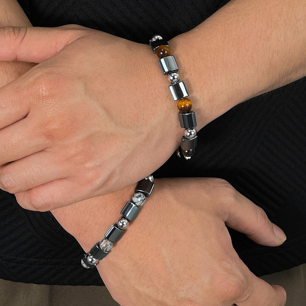 Stainless Steel Bead Hematite, Tiger Eye & Map Stone Bracelet