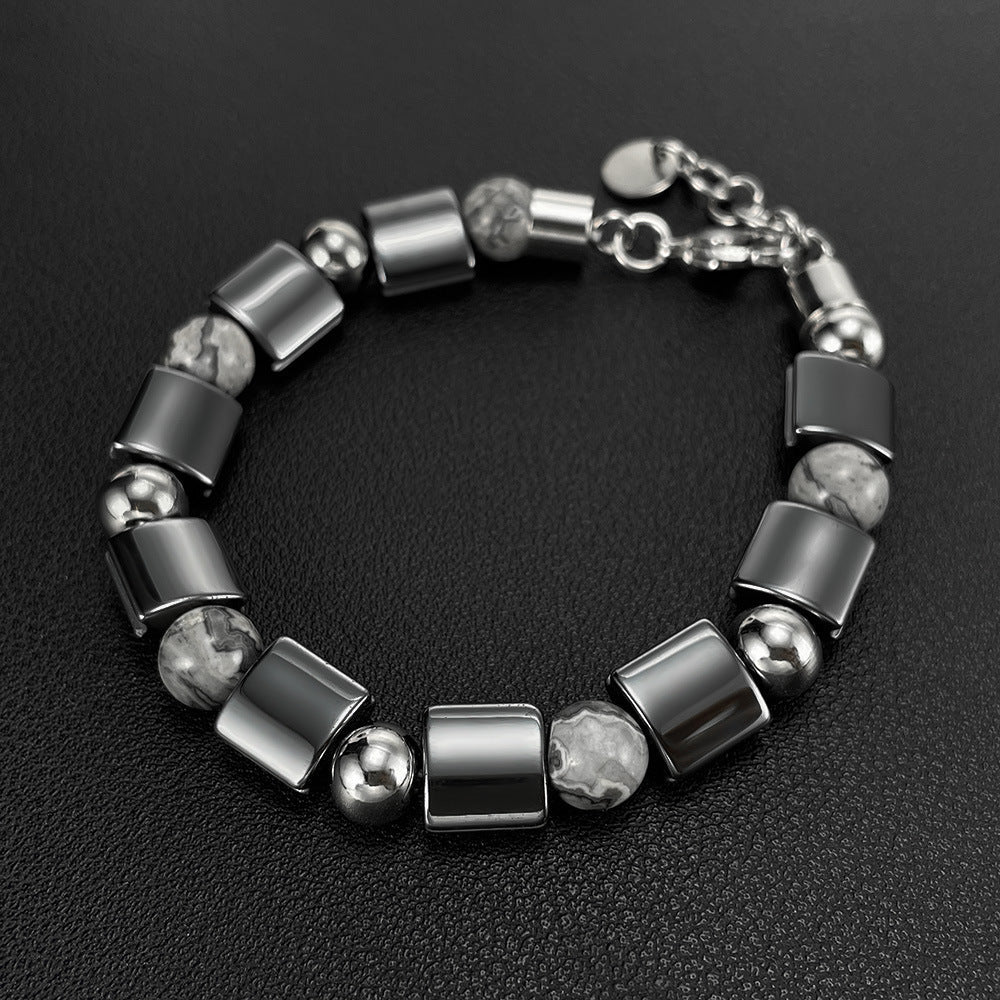 Stainless Steel Bead Hematite, Tiger Eye & Map Stone Bracelet