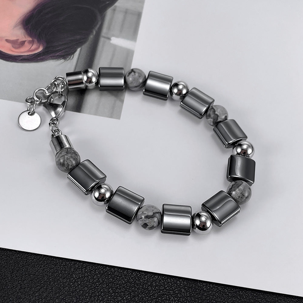 Stainless Steel Bead Hematite, Tiger Eye & Map Stone Bracelet