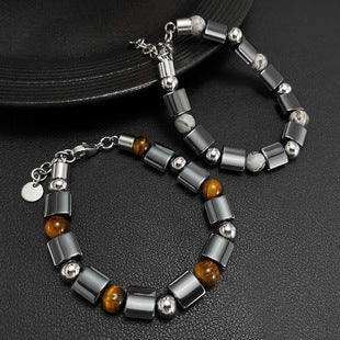 Stainless Steel Bead Hematite, Tiger Eye & Map Stone Bracelet