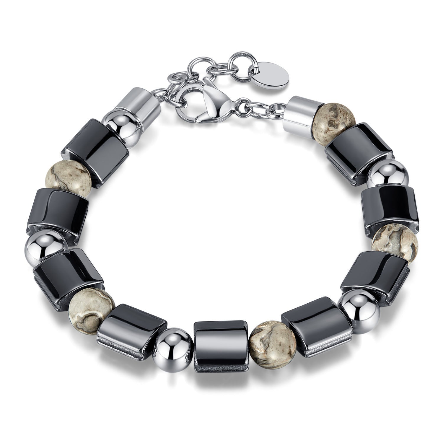Stainless Steel Bead Hematite, Tiger Eye & Map Stone Bracelet