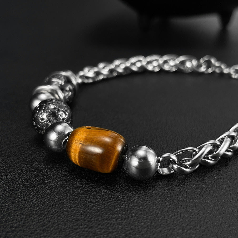 Stainless Steel Skull & Tiger Eye Bead Bracelet
