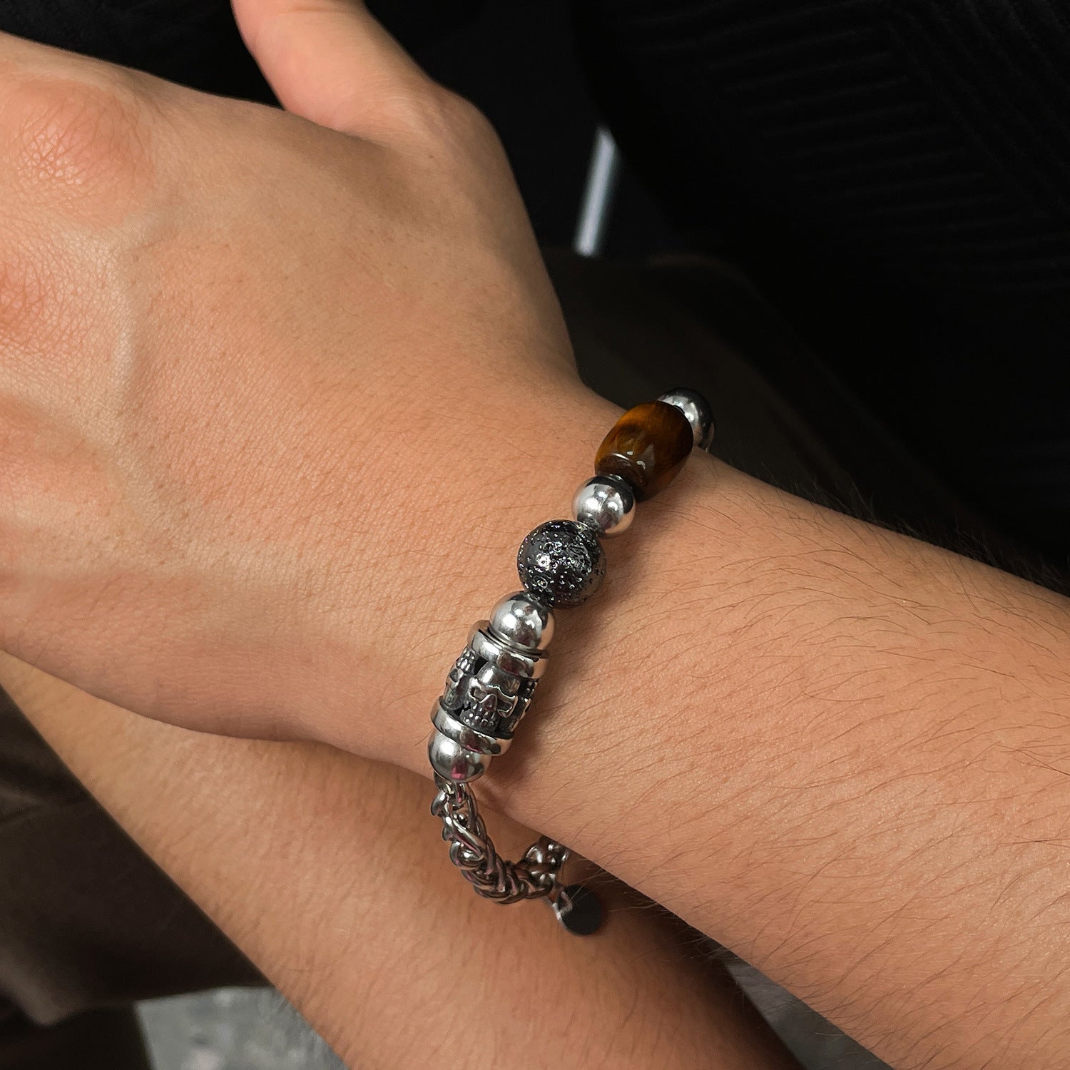 Stainless Steel Skull & Tiger Eye Bead Bracelet