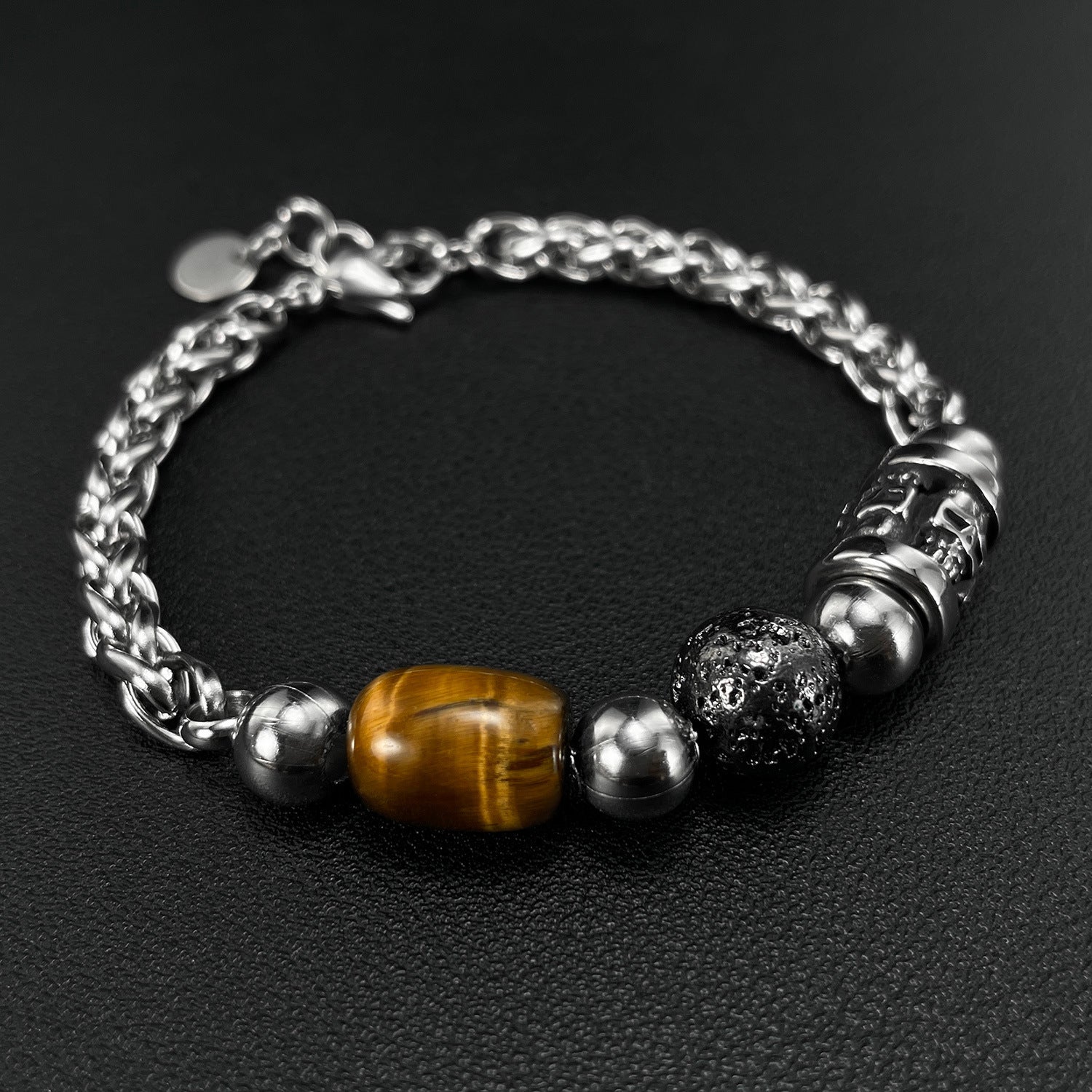 Stainless Steel Skull & Tiger Eye Bead Bracelet