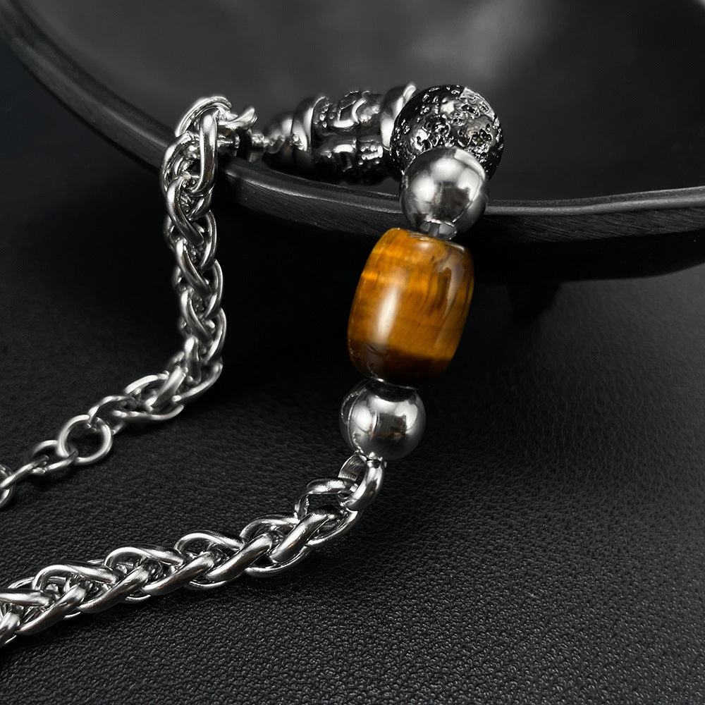 Stainless Steel Skull & Tiger Eye Bead Bracelet