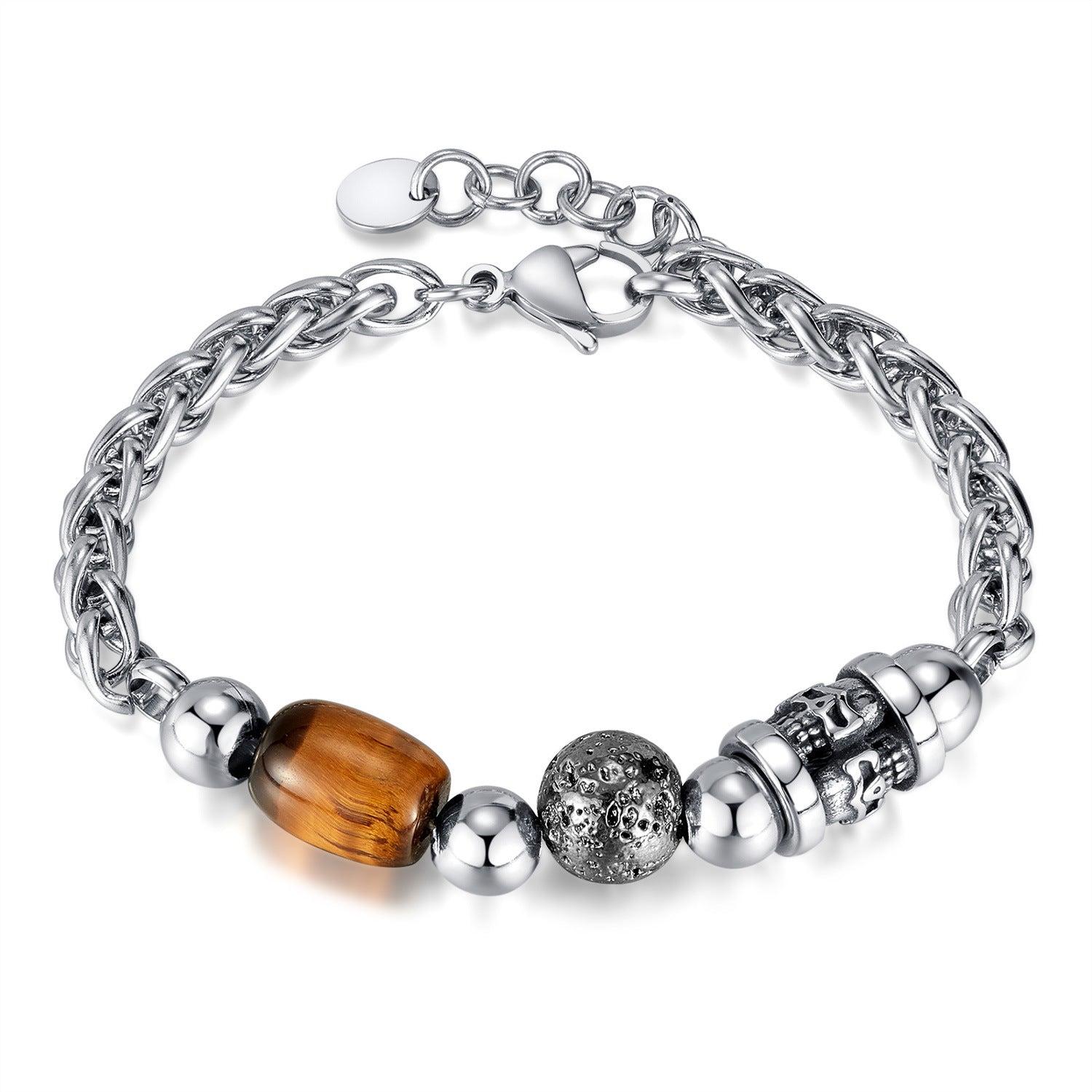Stainless Steel Skull & Tiger Eye Bead Bracelet