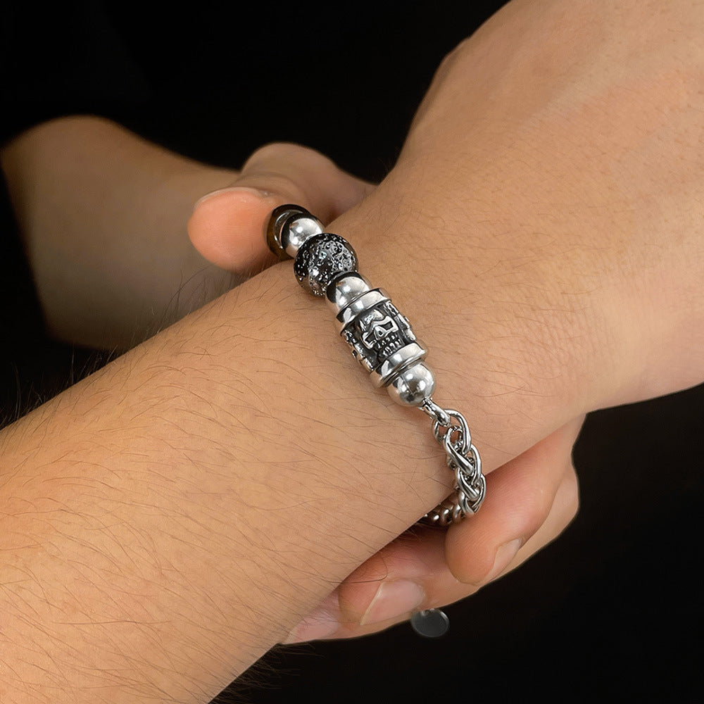 Stainless Steel Skull & Tiger Eye Bead Bracelet