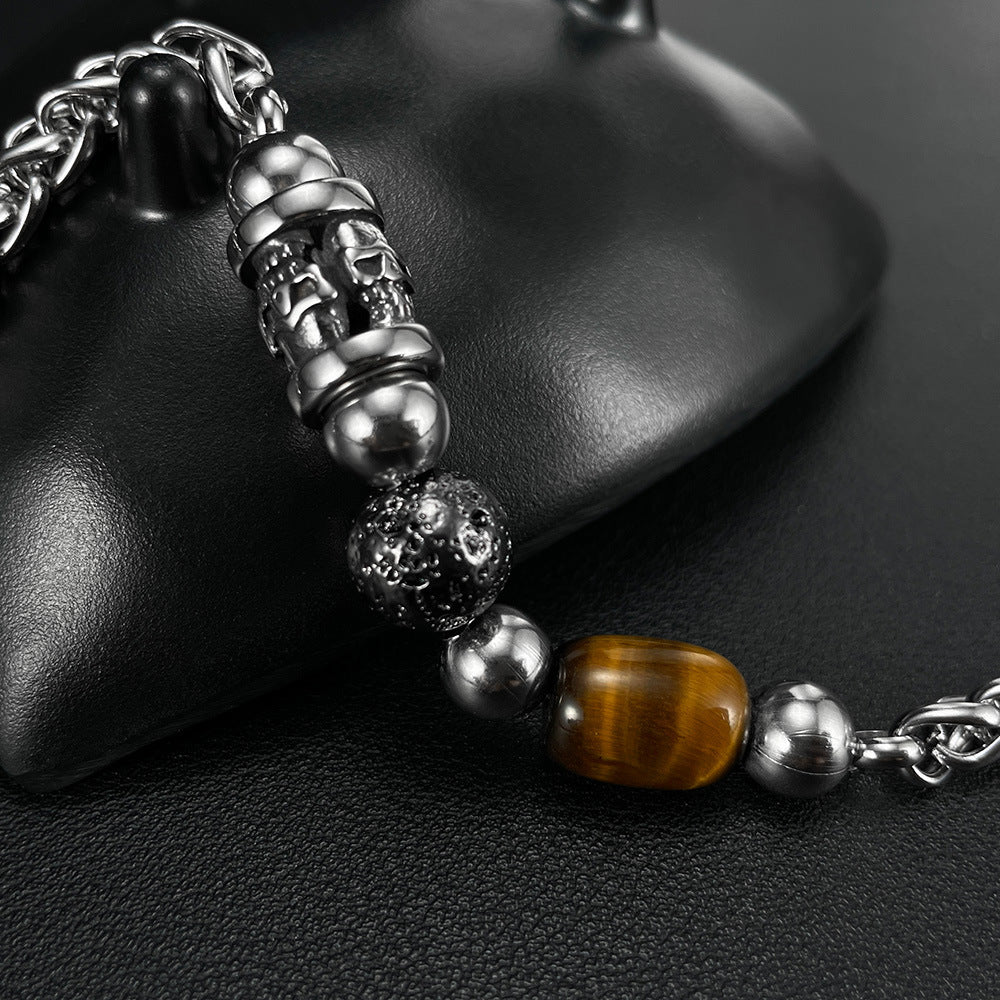 Stainless Steel Skull & Tiger Eye Bead Bracelet