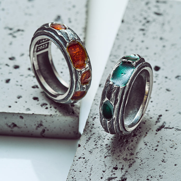 Sterling Silver Enamel Emerald Ruby Ring