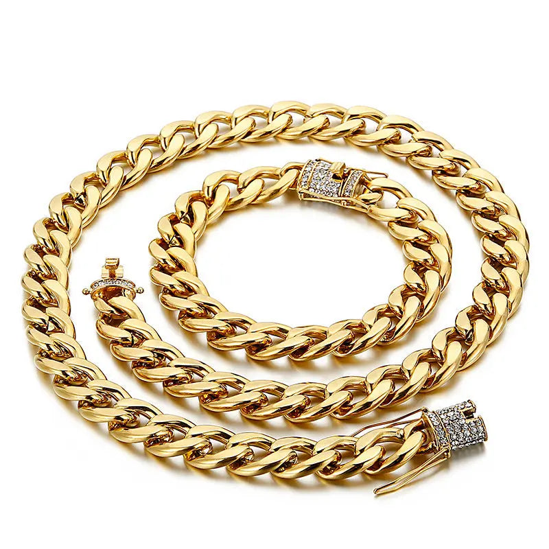 Stone Inlaid Open-Box Clasp Cuban Chain