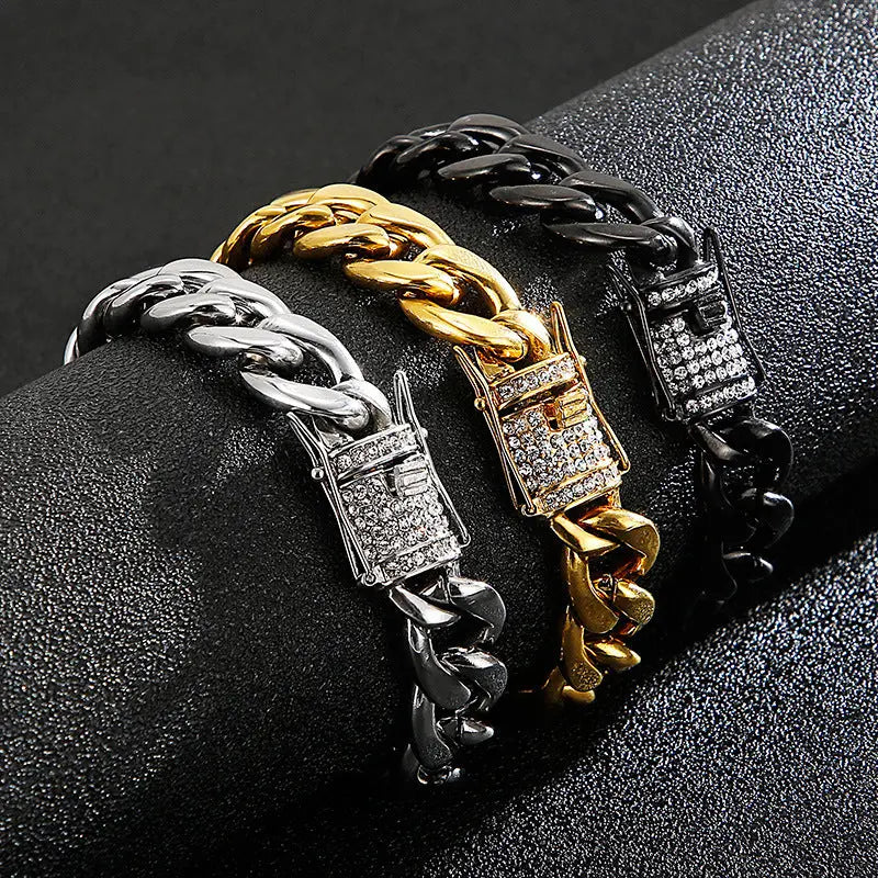 Stone Inlaid Open-Box Clasp Cuban Chain