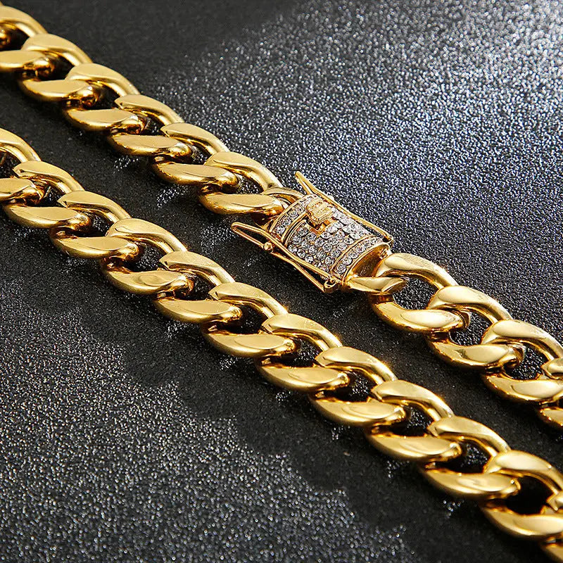 Stone Inlaid Open-Box Clasp Cuban Chain