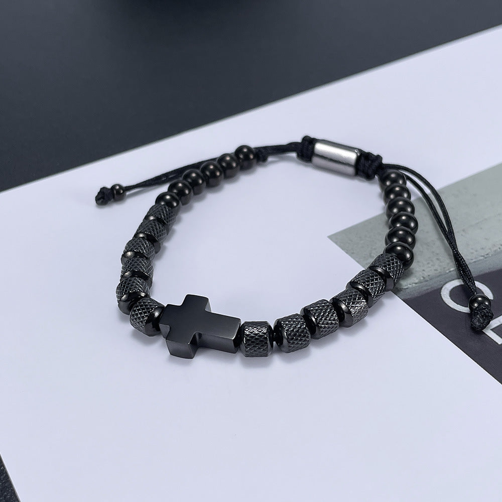Trendy Black Cord Cross Bead Bracelet