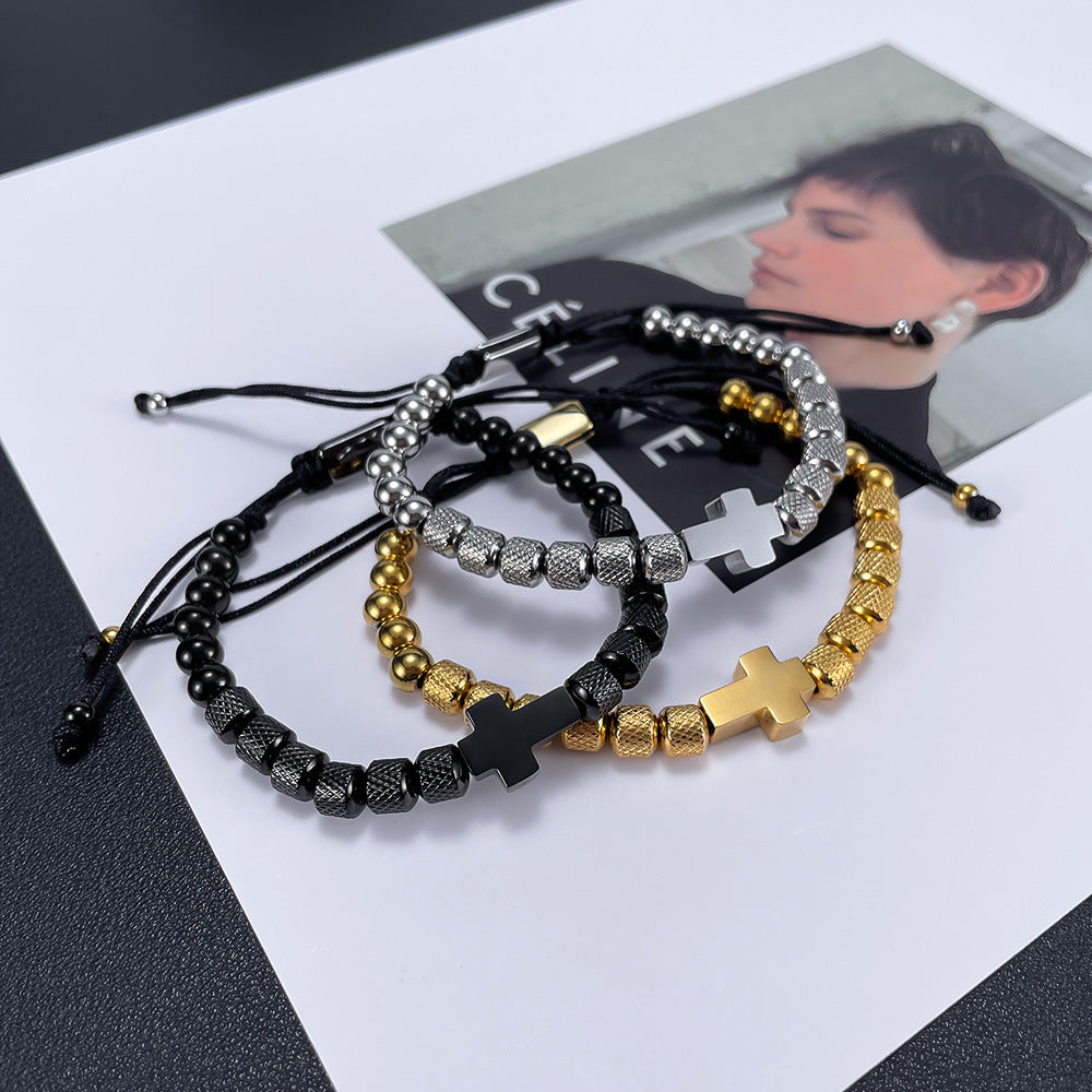 Trendy Black Cord Cross Bead Bracelet