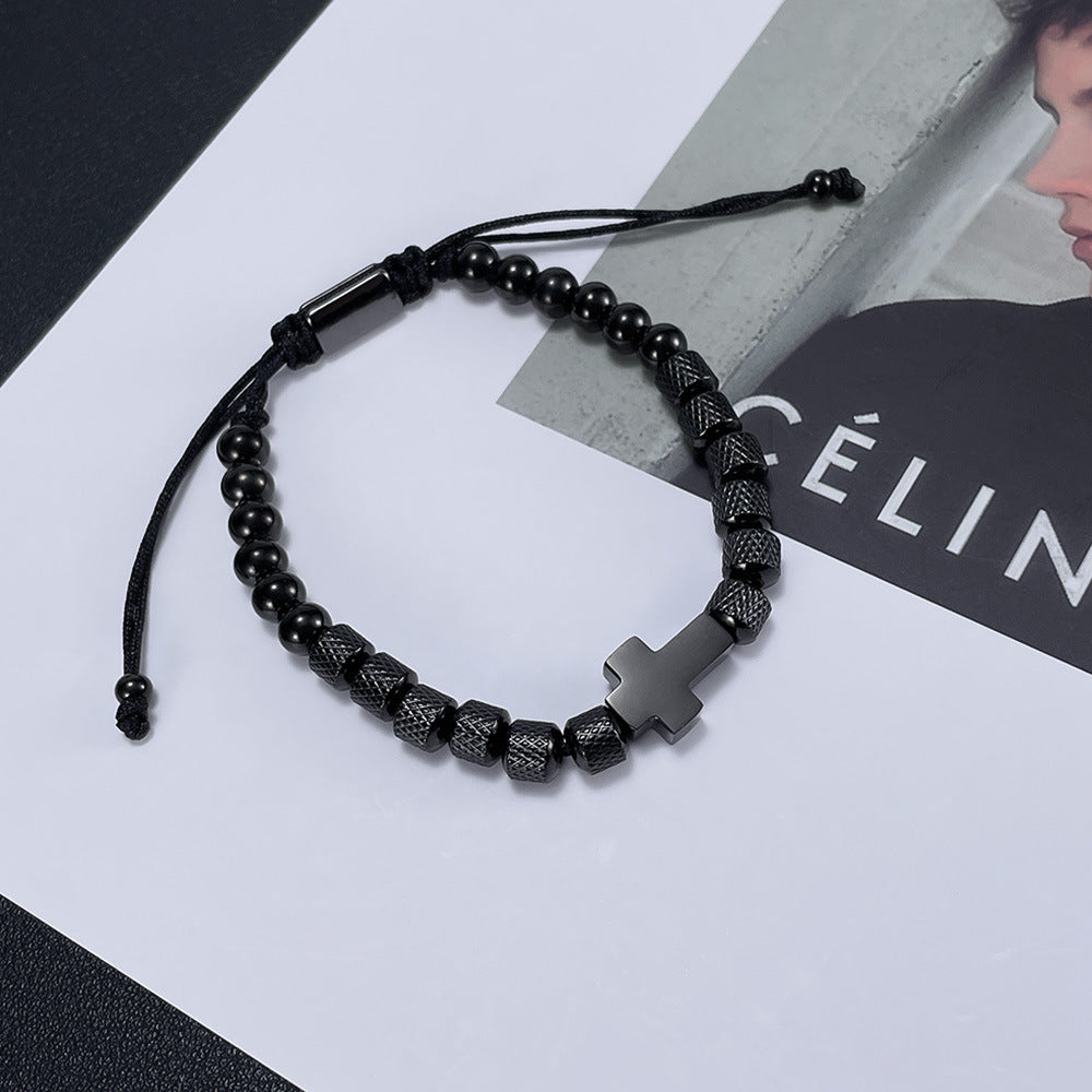 Trendy Black Cord Cross Bead Bracelet
