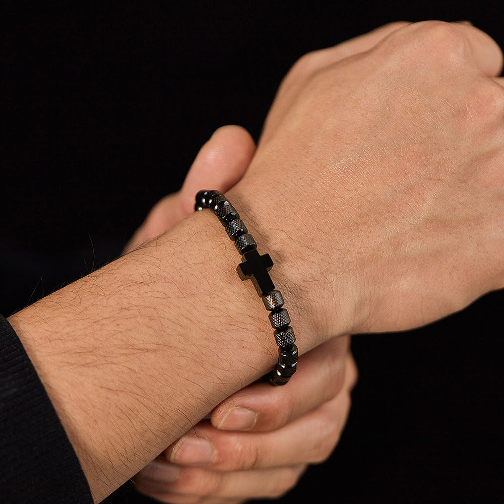 Trendy Black Cord Cross Bead Bracelet
