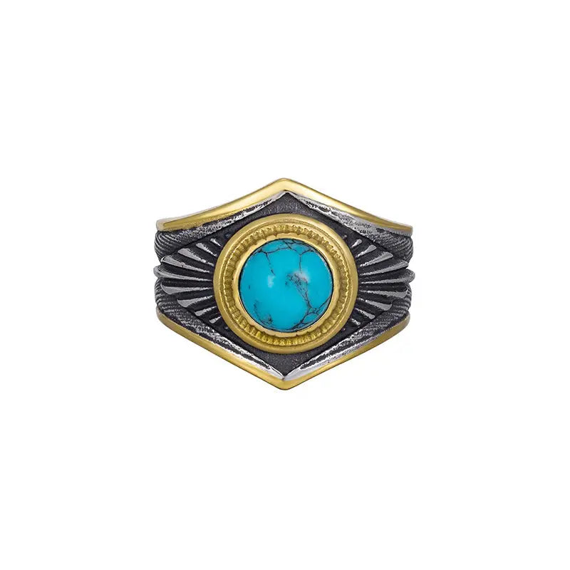 Turquoise Stone Feather Texture Stainless Steel Ring