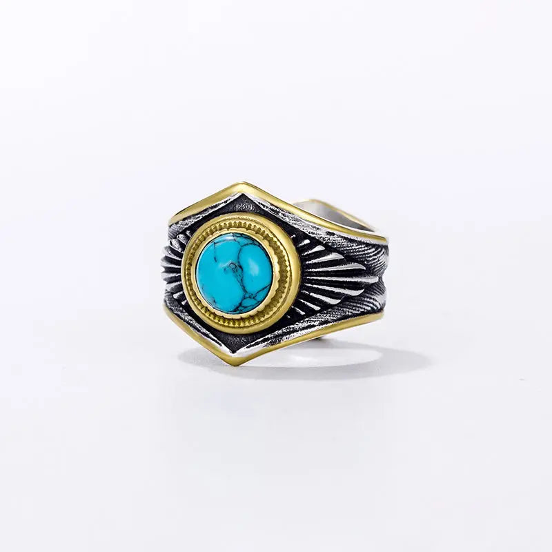 Turquoise Stone Feather Texture Stainless Steel Ring