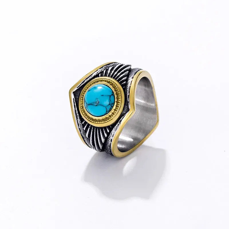 Turquoise Stone Feather Texture Stainless Steel Ring