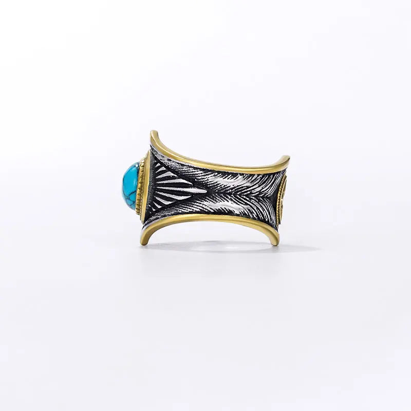 Turquoise Stone Feather Texture Stainless Steel Ring