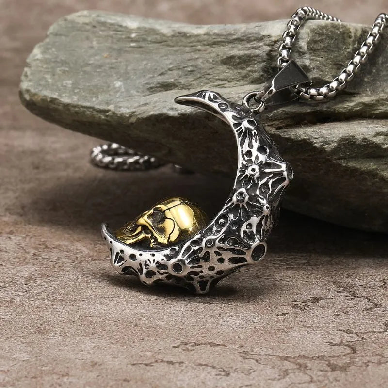 Gothic Crescent with Gold Skull Pendant Necklace