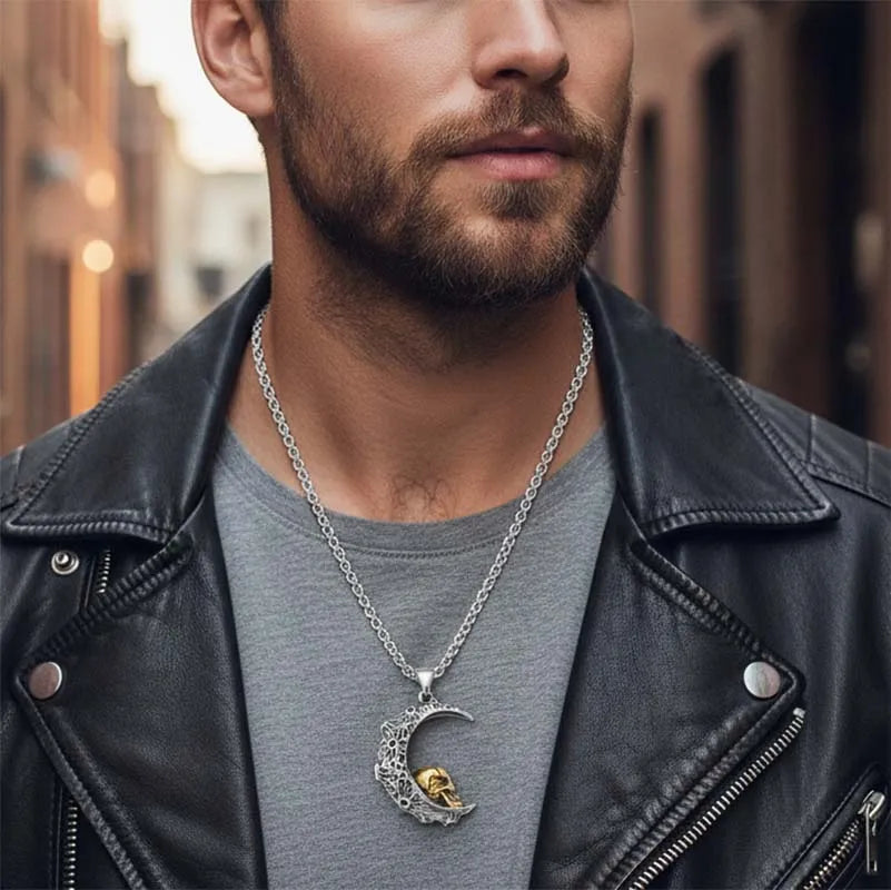 Gothic Crescent with Gold Skull Pendant Necklace