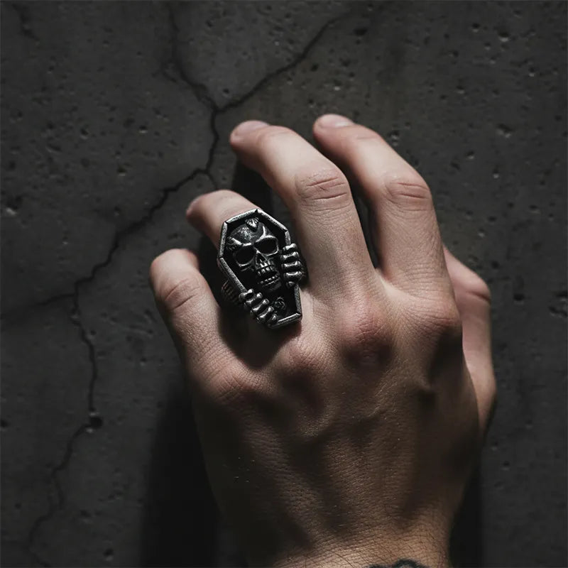 Vintage Coffin Skull Stainless Steel Ring