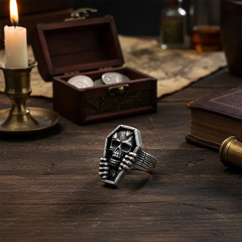 Vintage Coffin Skull Stainless Steel Ring