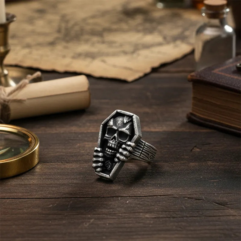 Vintage Coffin Skull Stainless Steel Ring