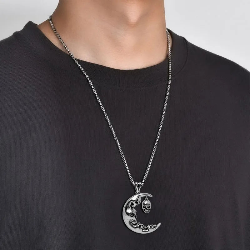 Vintage  Gothic Moon Skull Stainless Steel Pendant