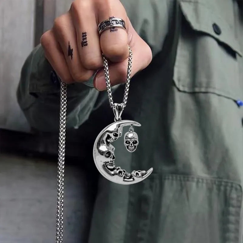 Vintage  Gothic Moon Skull Stainless Steel Pendant